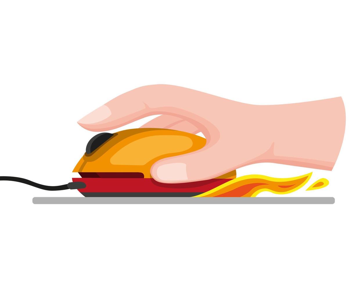 hand holding and click mouse with fire effect cartoon flat illustration vector isolated in white background