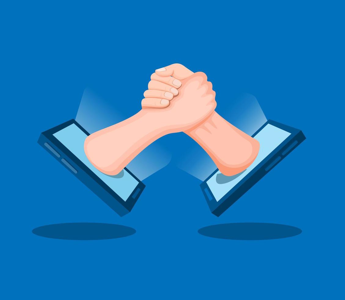 Handshake two male hands outside smartphone symbol for support and teamwork in cartoon illustration vector