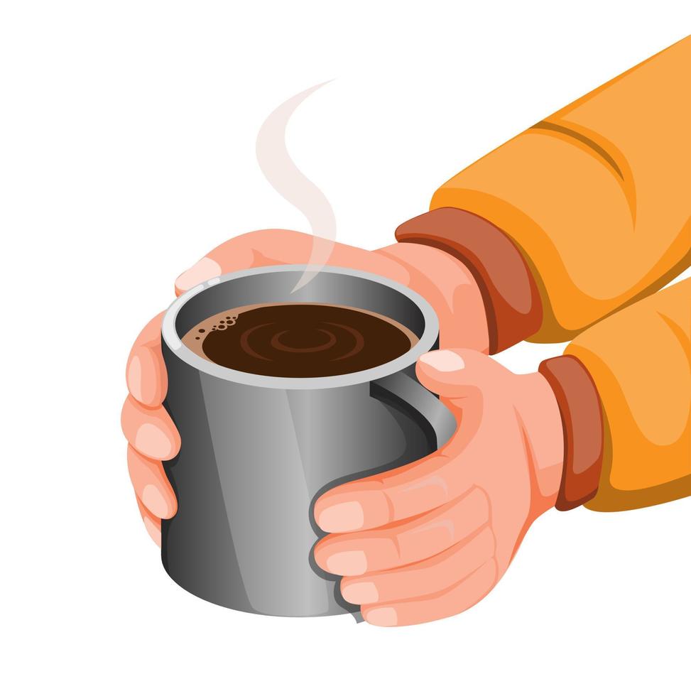 Hand holding hot chocolate or coffee in stainless steel mug, hot drink for stay warm in cold weather or camping activity. concept illustration in cartoon style vector isolated in white background