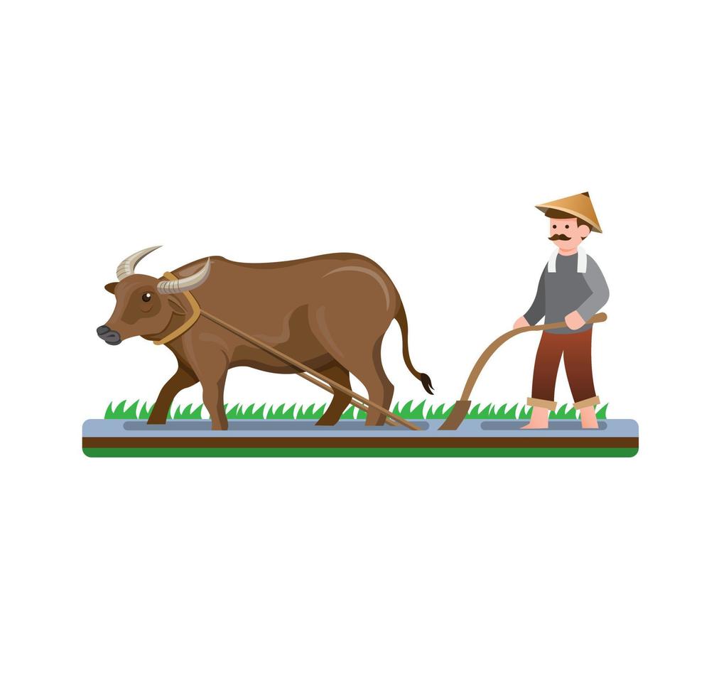 farmer man ploughing paddy field with water buffalo cartoon flat illustration vector isolated in white background