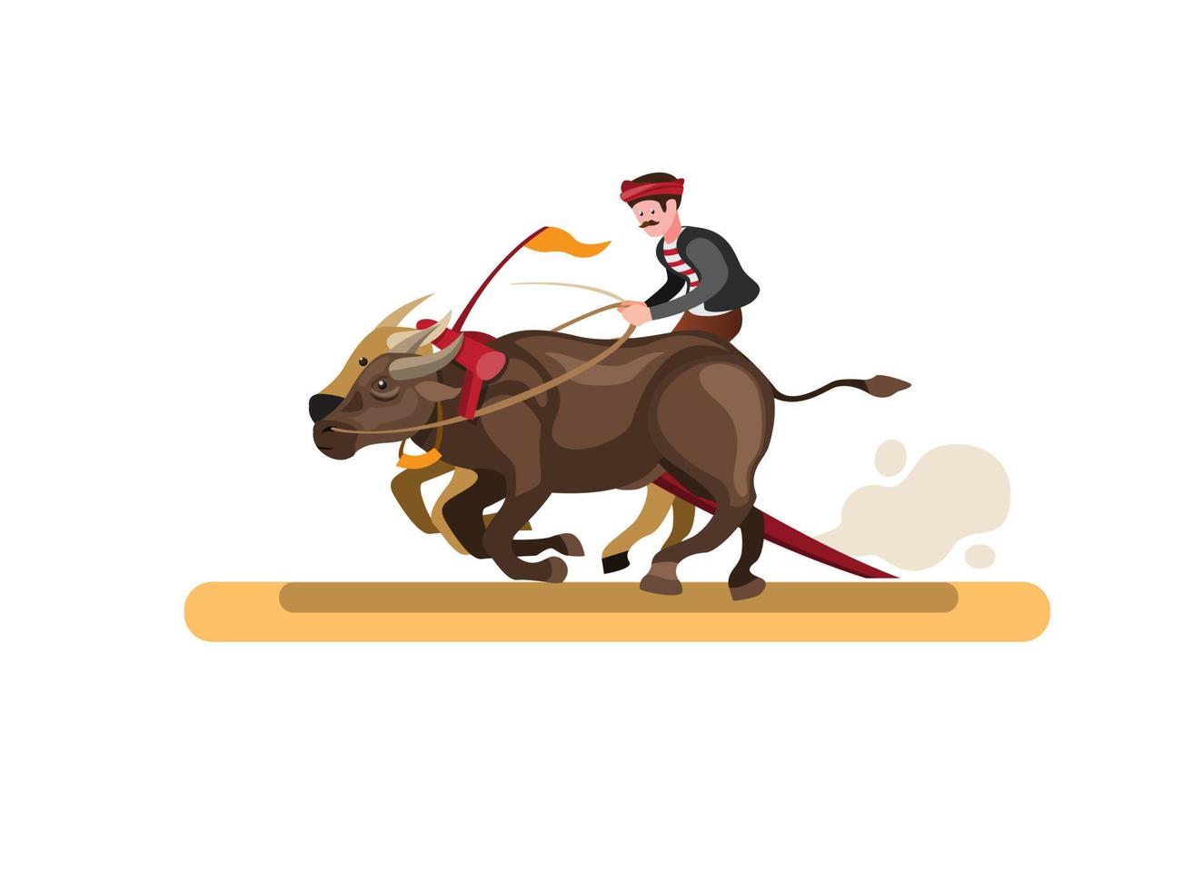 race buffalo asian traditional attraction, man riding two buffalo in cartoon flat illustration isolated in white background vector