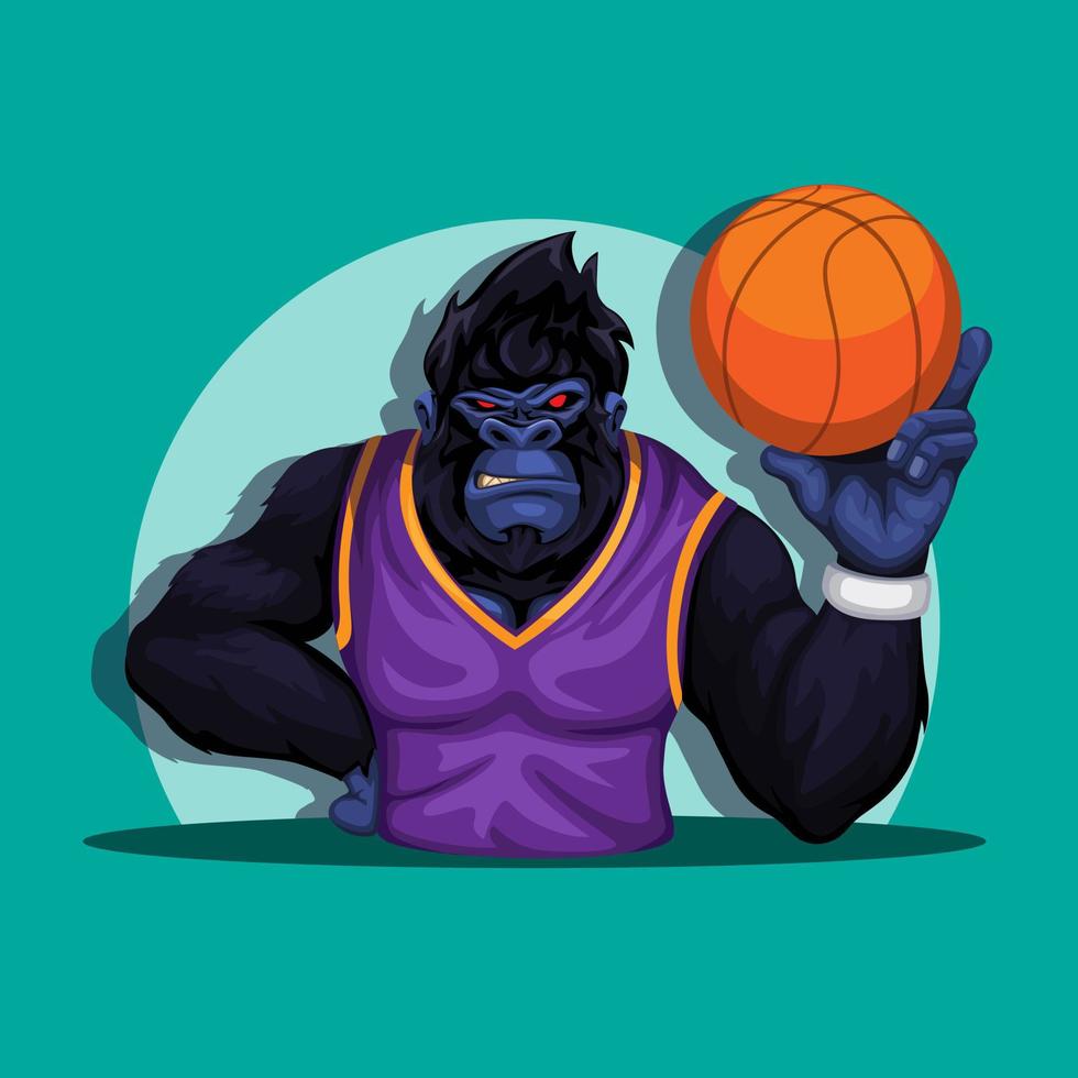 Gorilla on basket player costume pose holding ball mascot character illustration vector