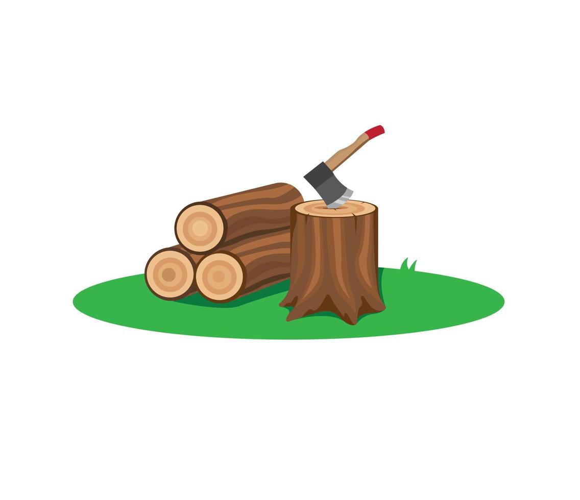 axe and wood. making fireplace or bonfire fuel. flat illustration vector