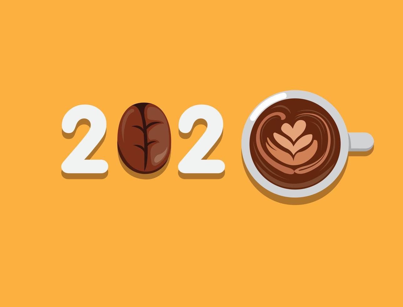 Tipografía de saludo 2020 con símbolo de café, logotipo de tema de café adecuado para folletos, carteles, pancartas y calendario. vector de ilustración plana de dibujos animados