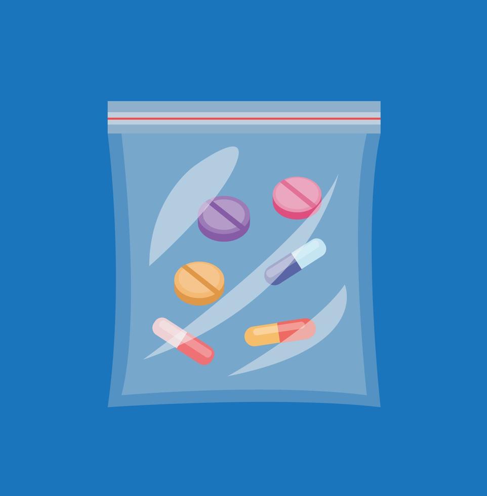 drug on plastic bag with ziplock, receipt medicine from doctor for patient cartoon flat illustration vector isolated in blue background