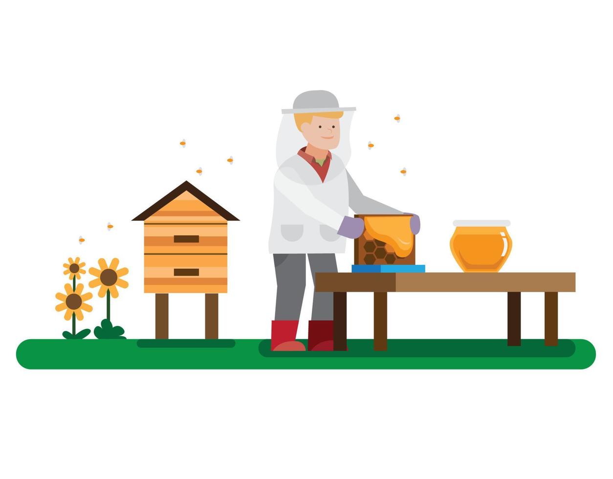 bee keeper harvesting honey flat illustration design vector