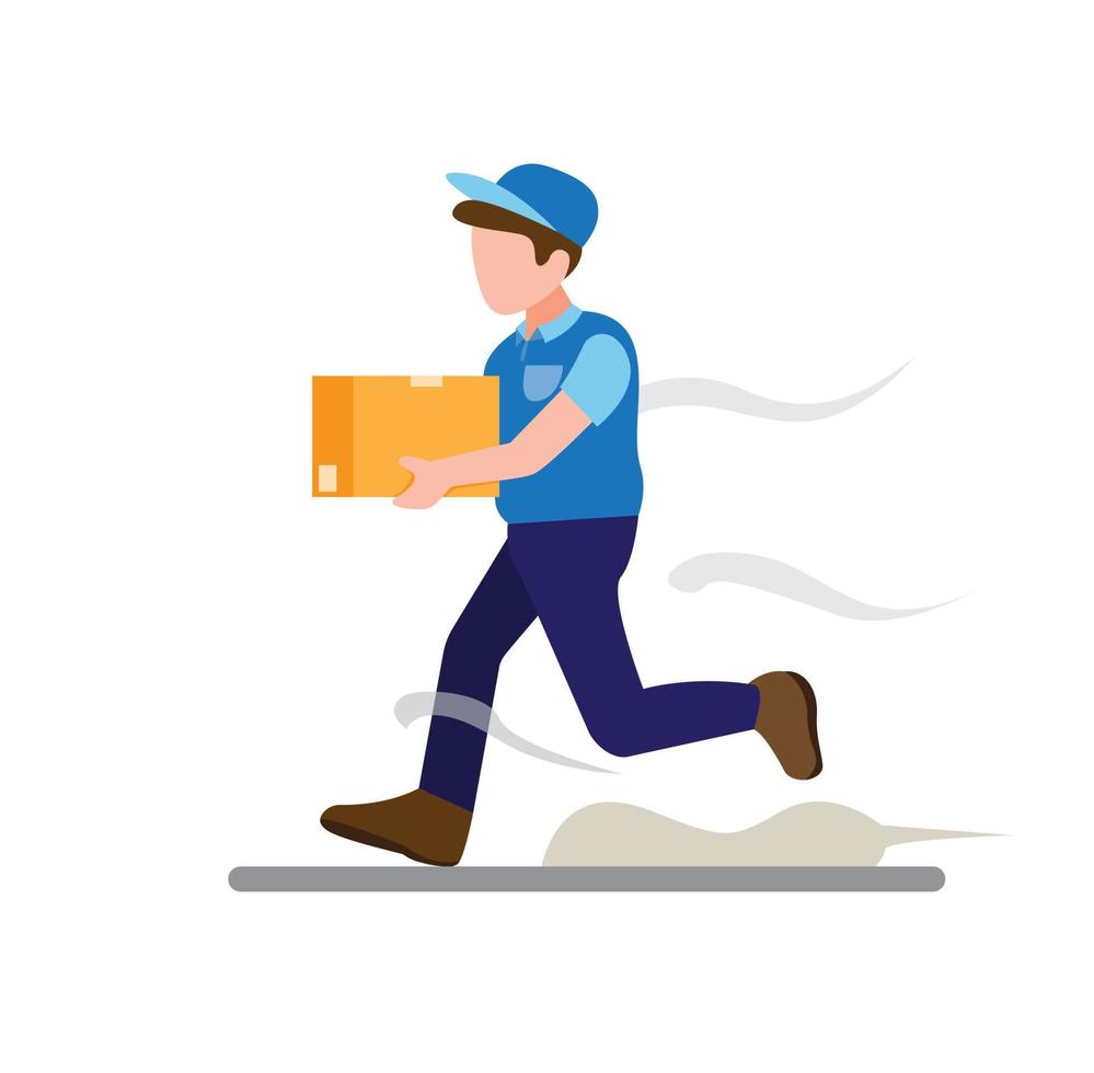 courier boy running delivery package box to customer, express delivery service symbol cartoon flat illustration vector isolated in white background