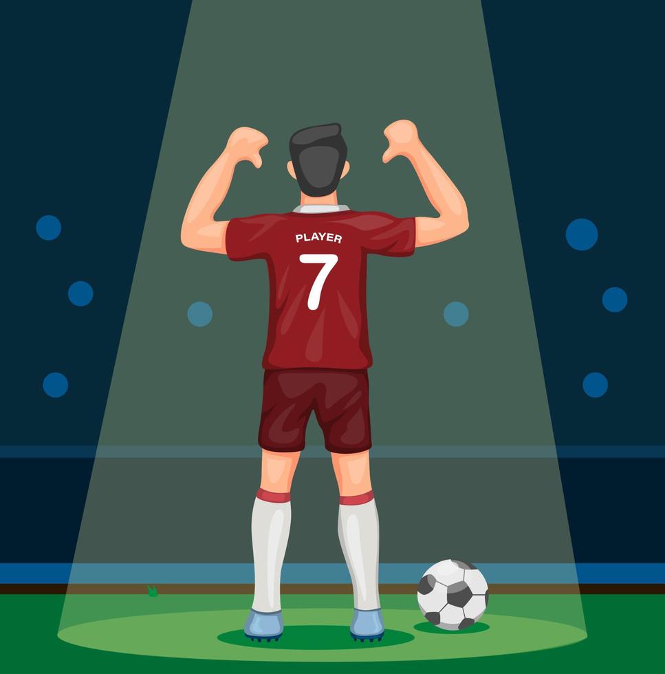Jugador de fútbol en celebración de gol de puntuación uniforme rojo que muestra el número desde la vista posterior en el estadio con concepto de foco en vector de ilustración de dibujos animados