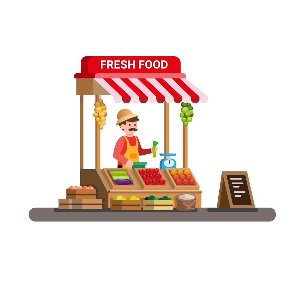 Hombre vendiendo frutas y verduras frescas en el puesto de comida del mercado de madera tradicional. vector de ilustración plana de dibujos animados aislado en fondo blanco