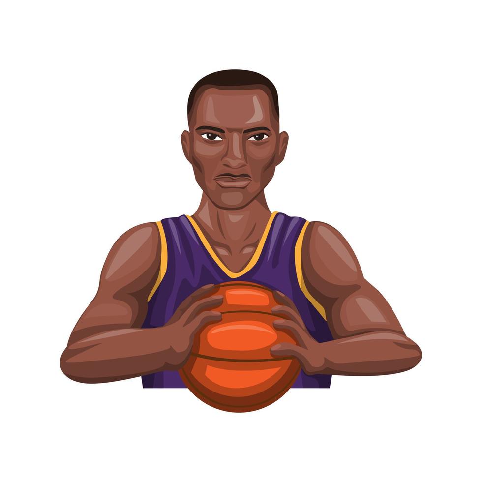 basket player holding ball, black man african american basketball athlete professional sport symbol in cartoon illustration vector isolated on white background