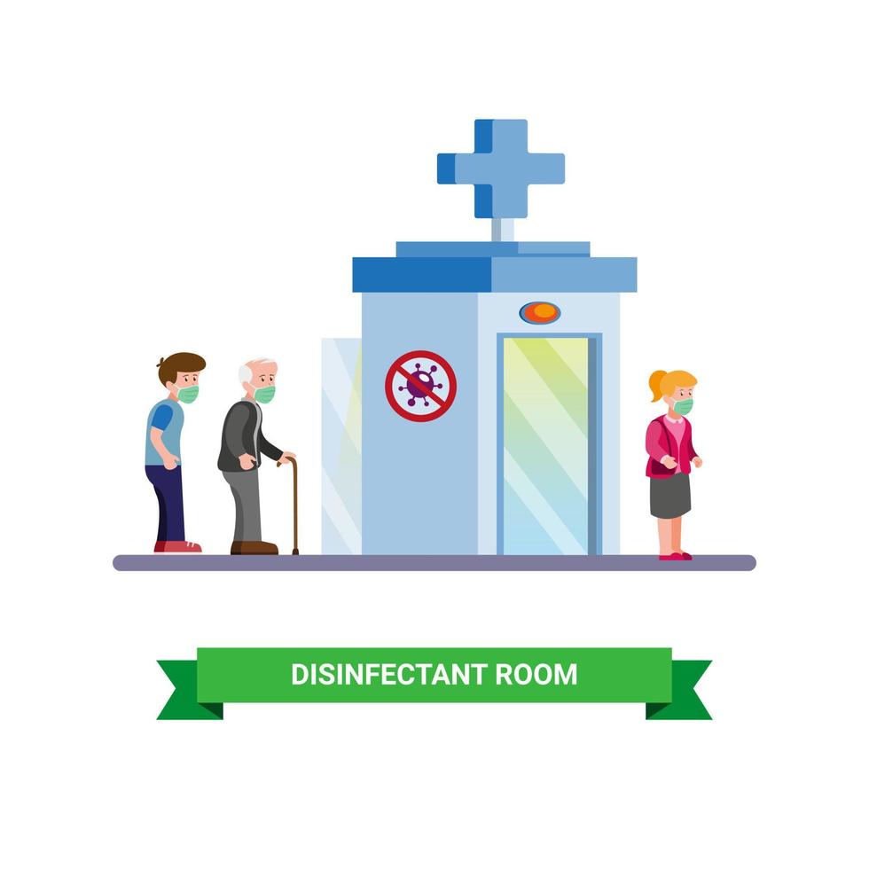 Disinfectant room to clean people from virus and bacteria, disease outbreak prevention cartoon flat illustration vector