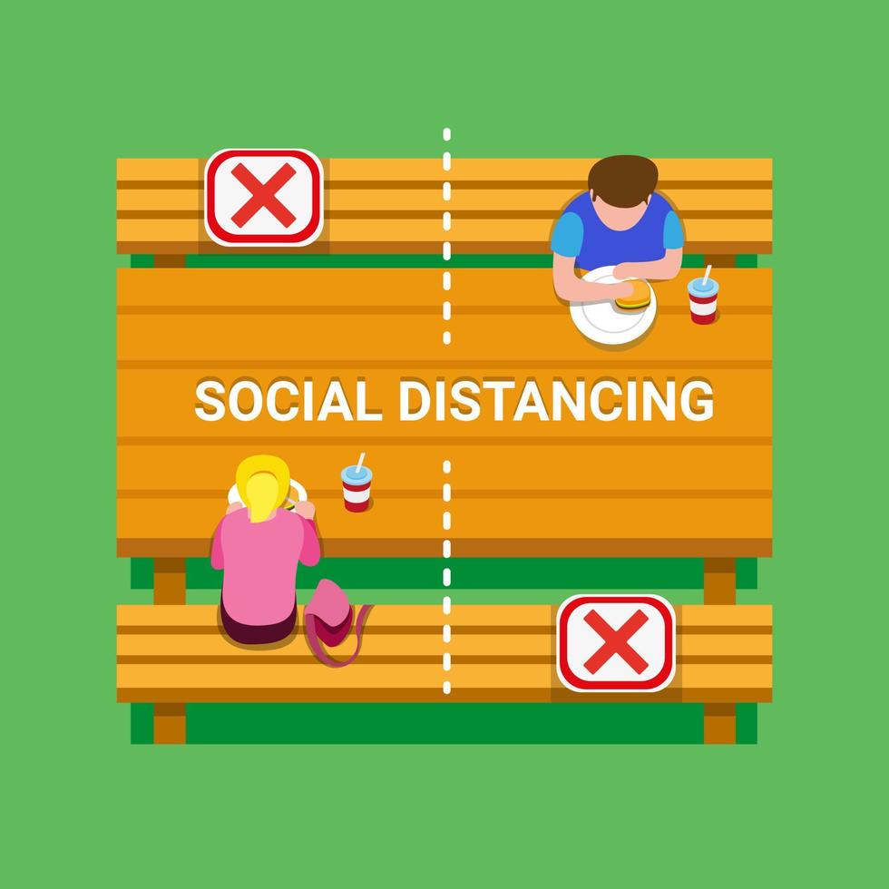 Social distancing guidance people keeping distance in foodcourt table, school canteen or public park to protection from virus infection disease in cartoon flat illustration vector