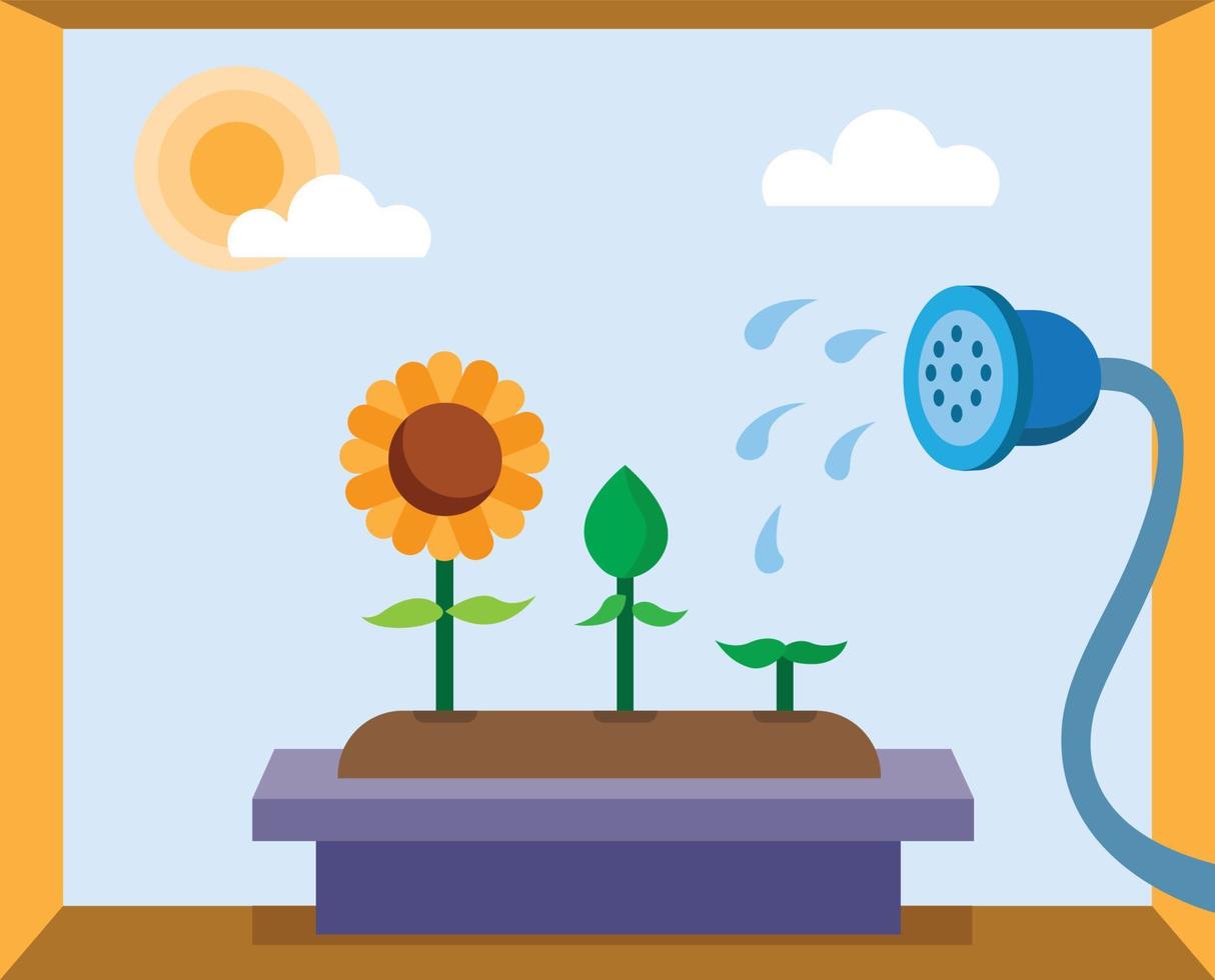 Crecimiento de girasol en la ventana con vector editable de ilustración de pulverización de agua