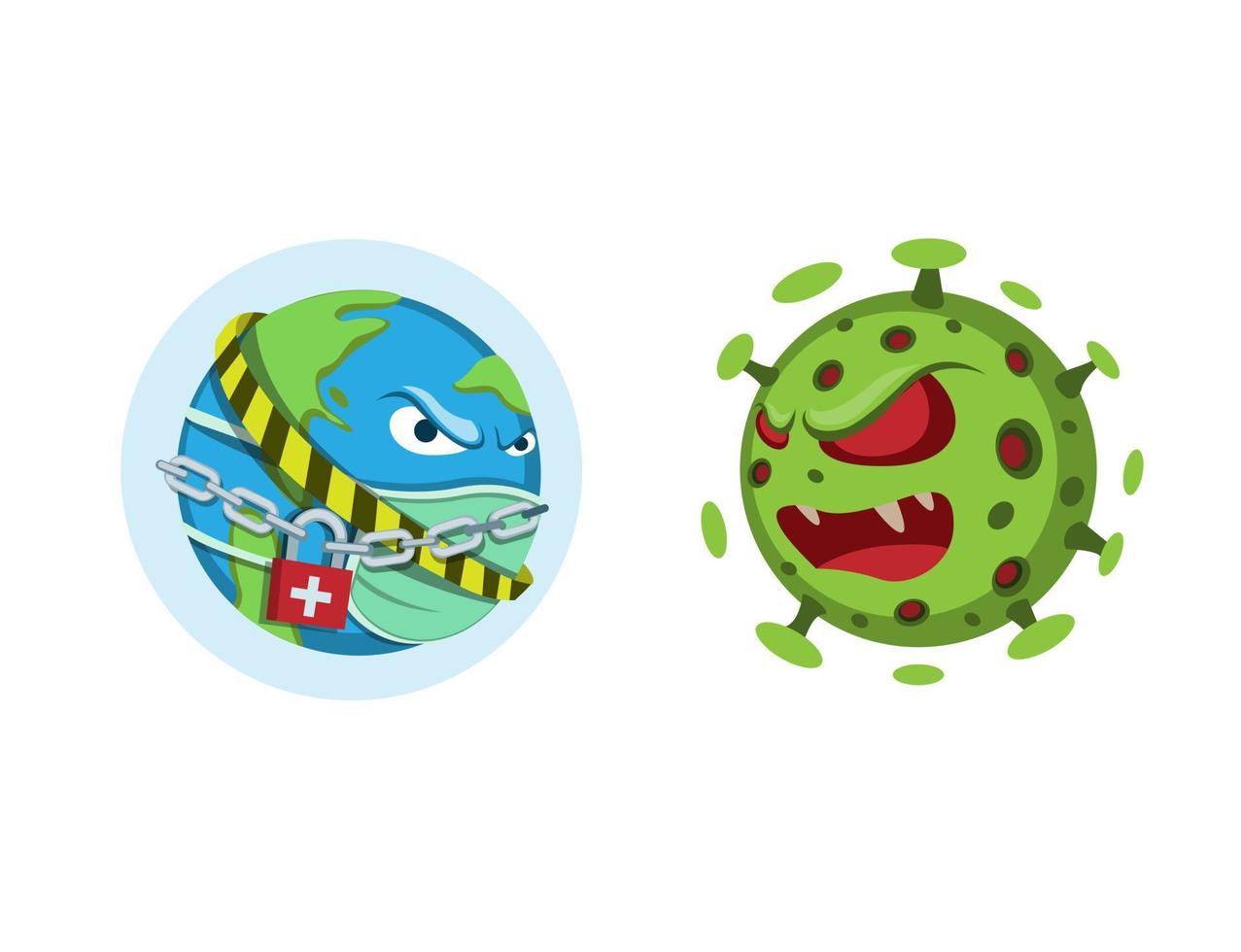 World in Lockdown Quarantine Protection From Virus, Planet Earth wear Mask Versus Corona Virus Bacterium. Symbol concept in cartoon illustration vector on white background