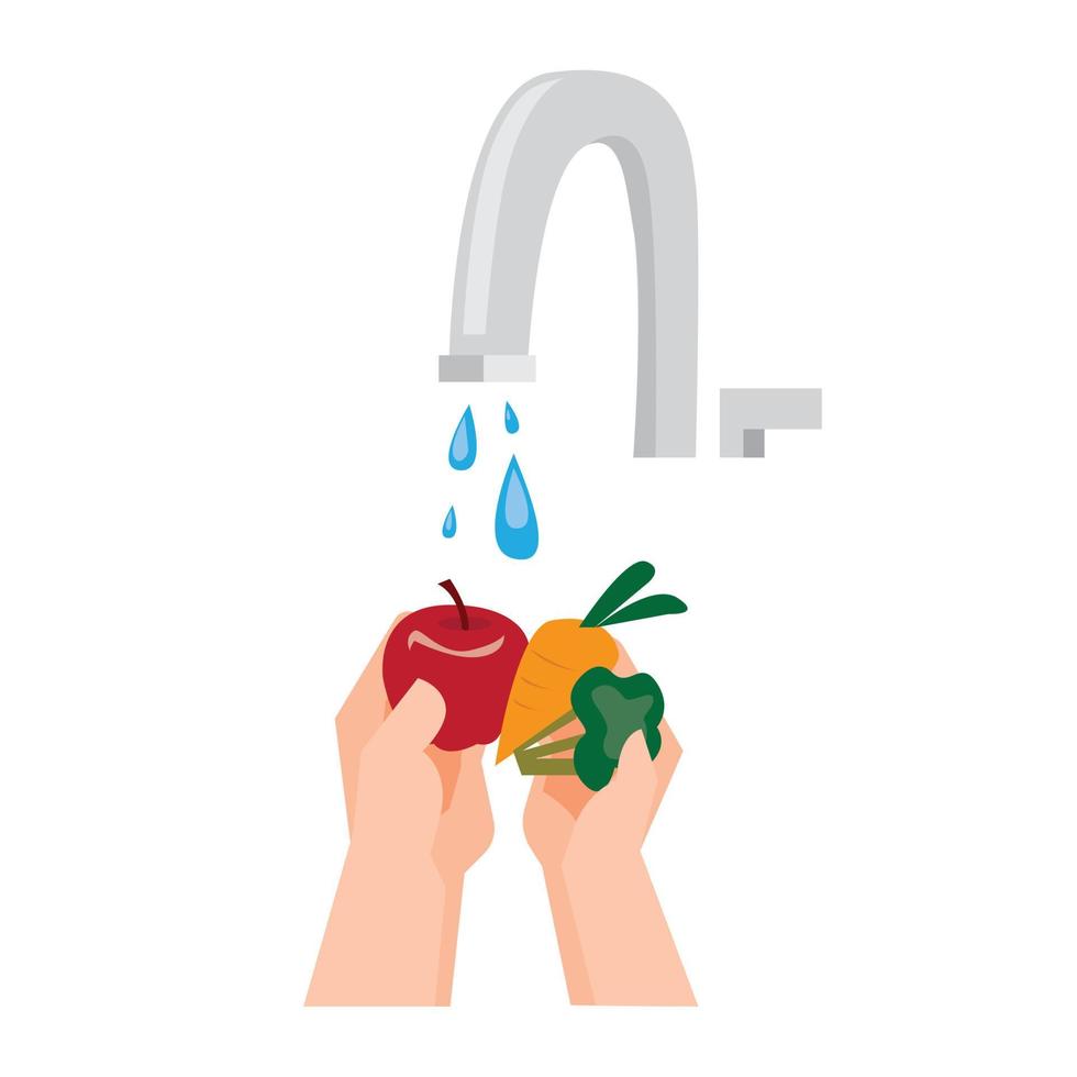 Lavado de frutas y verduras frescas, higiene, alimentos saludables, vector de ilustración plana