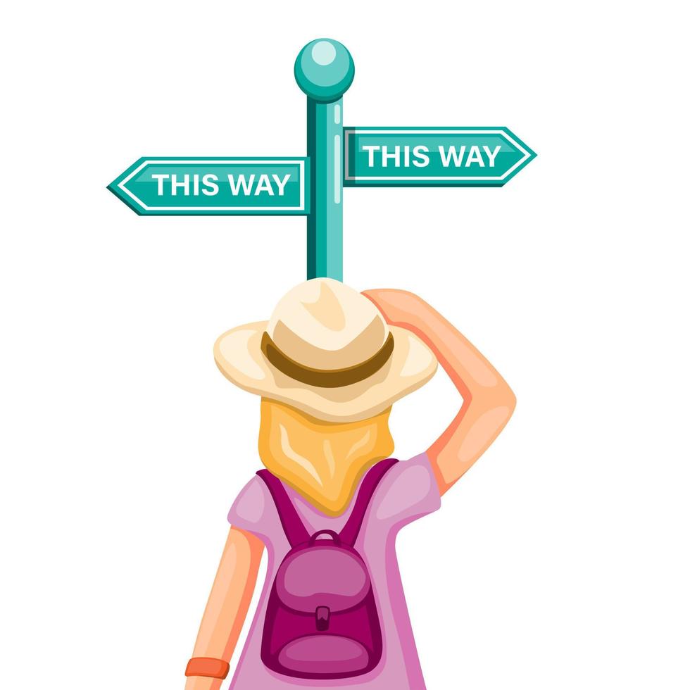 Backpacker girl confusing choose way in road signboard, metaphor advertisment for travel and trip guidance symbol in cartoon illustration vector isolated in white background