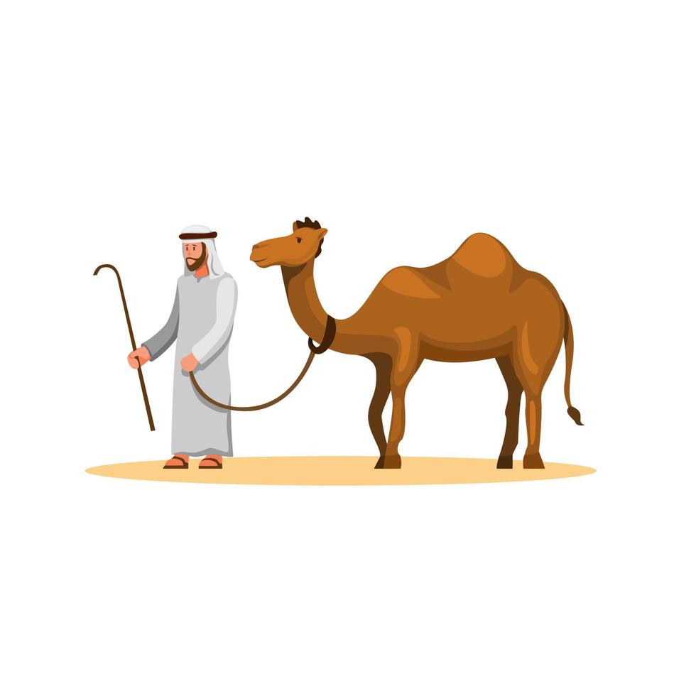 Hombre árabe camina con camello en el postre, animal doméstico en el este de Asia en vector illustrtion de dibujos animados sobre fondo blanco