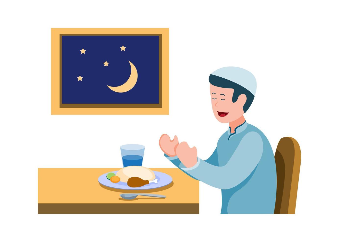 el hombre reza antes de comer para romper el ayuno, la actividad musulmana comiendo para ayunar en la temporada de Ramadán. vector de ilustración plana de dibujos animados