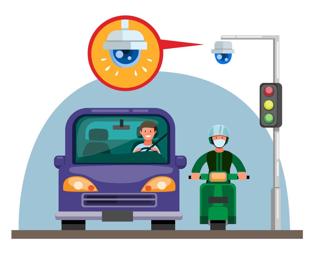 CCTV Camera on traffic light in road street with car and motorbike concept in cartoon flat illustration vector