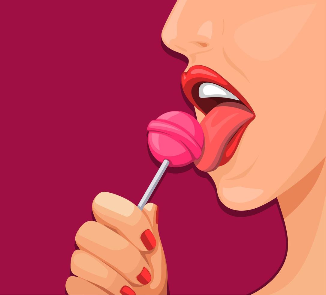 Girl open mouth and licking lollypop candy in cartoon illustration vector