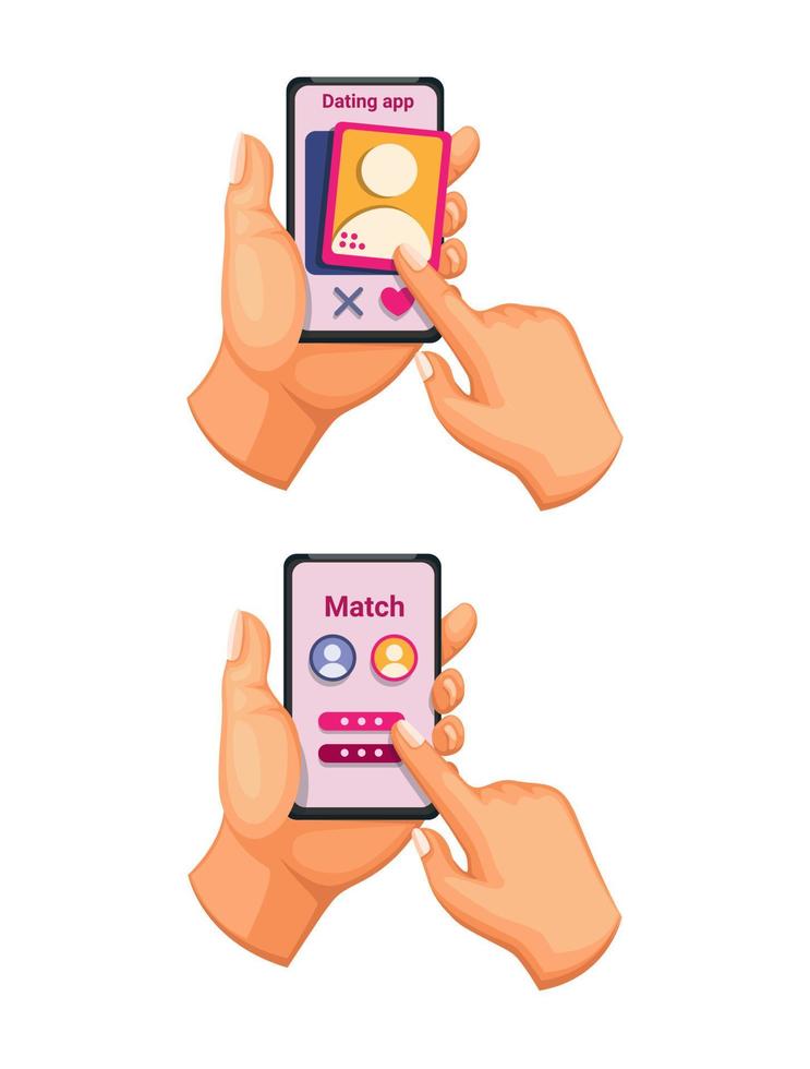 Dating app smartphone gesture symbol set cartoon illustration vector