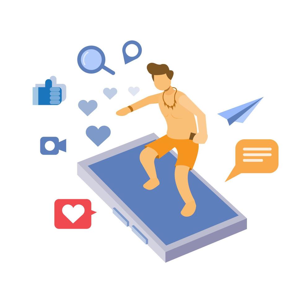 social media network mobile phone with man surfing flat illustration concept vector