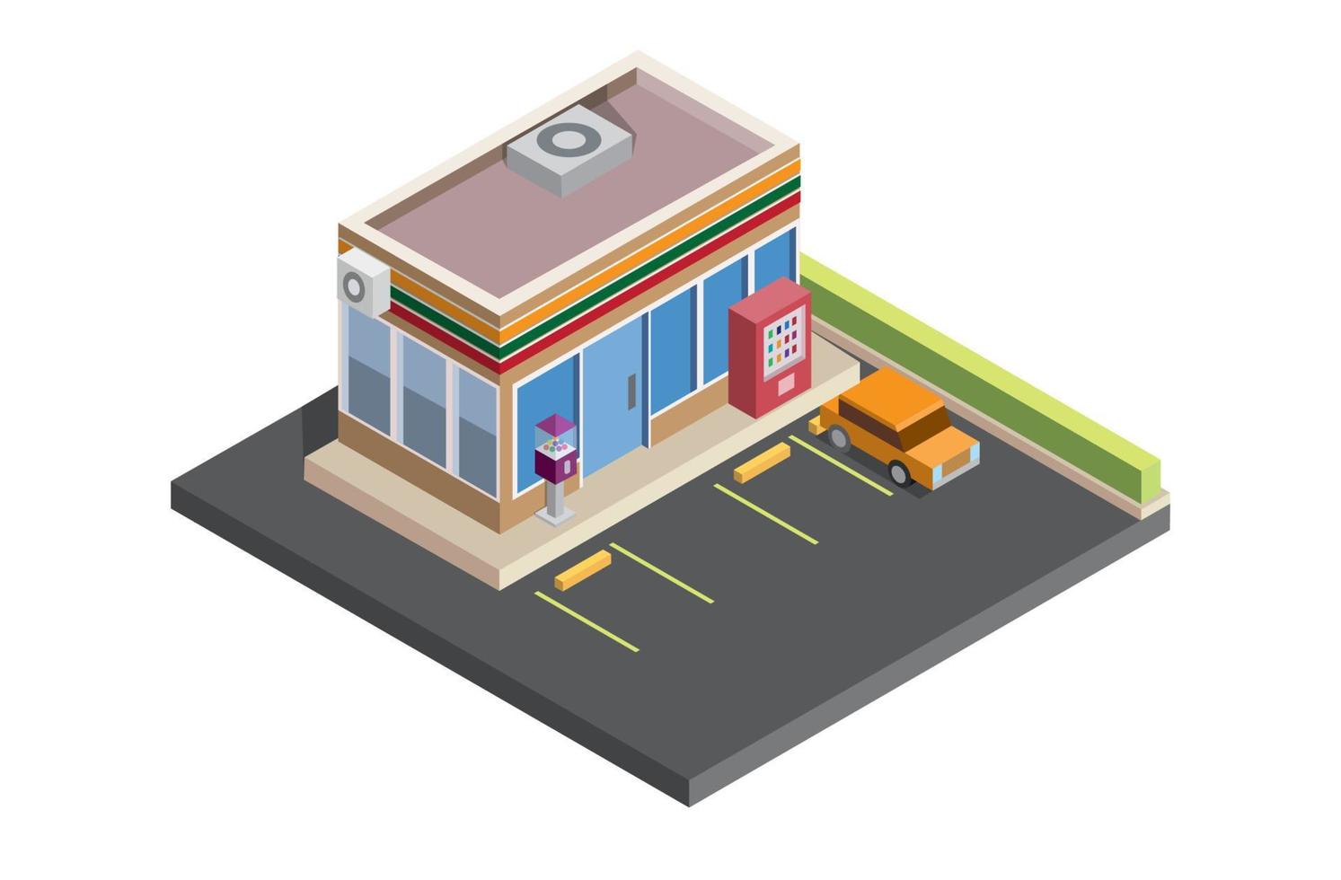 gasolinera isométrica, coche, tienda de conveniencia de estacionamiento, ilustración vectorial vector