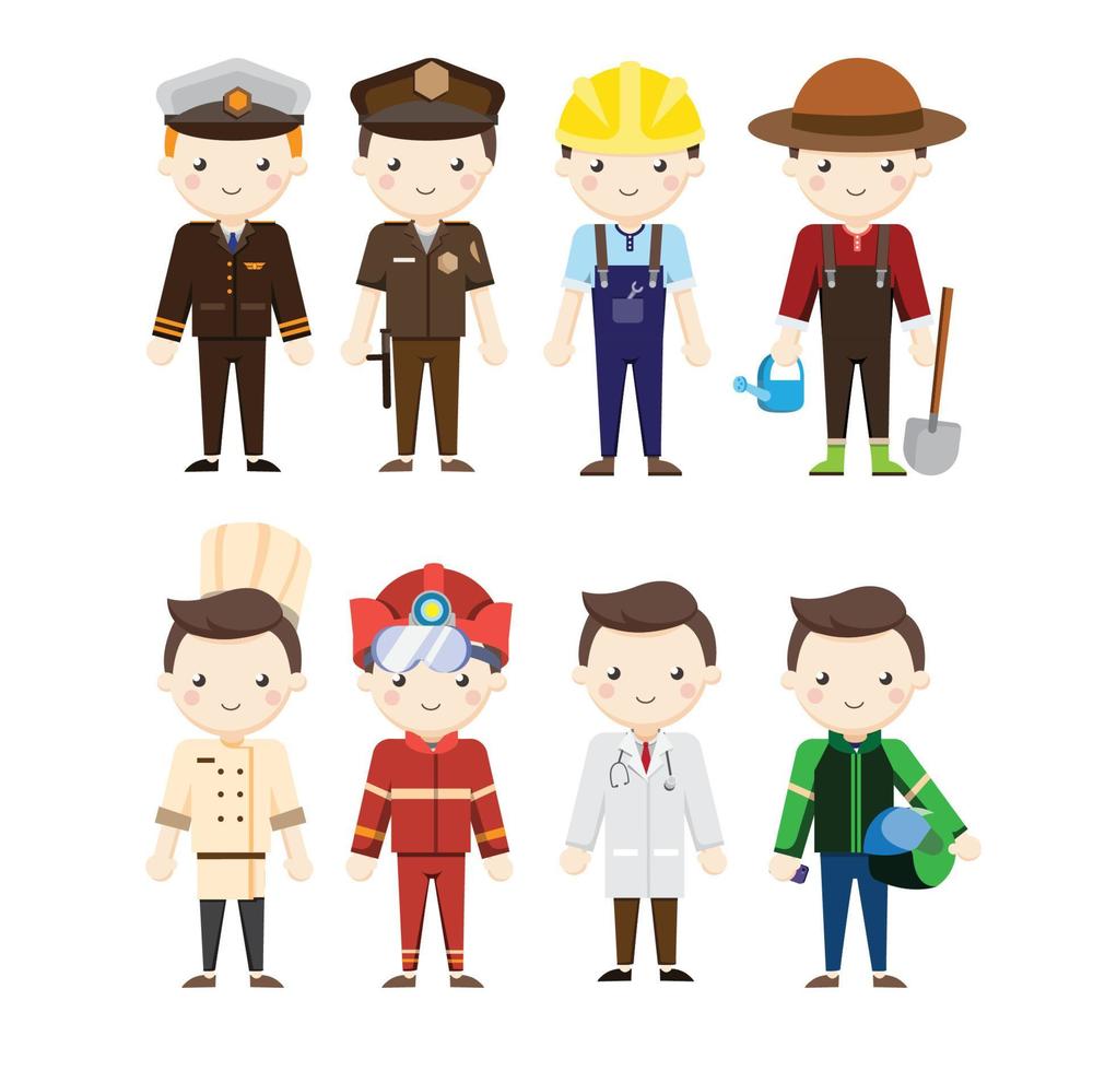 colección de hombres de diversas ocupaciones o profesiones con uniforme profesional: trabajador de la construcción, granjero, policía, chef, médico, bombero, taxi motociclista en línea. ilustración vectorial de diseño plano. vector