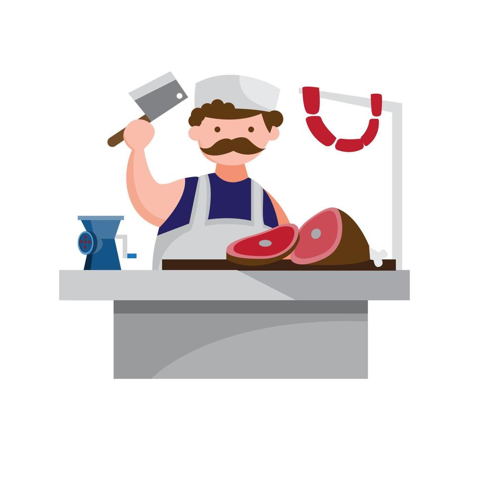 Carnicero en carnicería, cocina, carnicería, carne y salchicha, ilustración vectorial de estilo plano vector