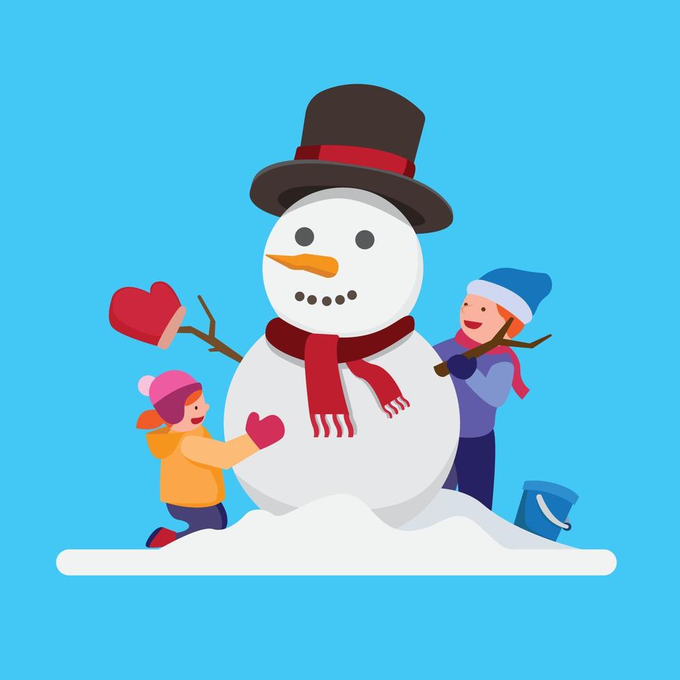 Niños felices haciendo muñeco de nieve juntos, actividad de los niños en Navidad e invierno, vector editable de ilustración plana de dibujos animados