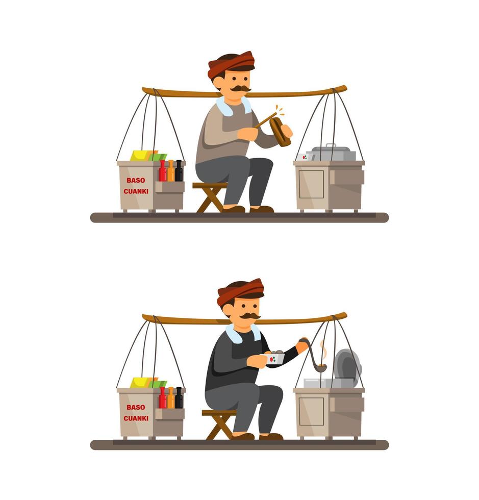 Man carrying cart to selling Baso Cuanki is Meatball Soup traditional street food from West Java. Indonesia concept in cartoon vector