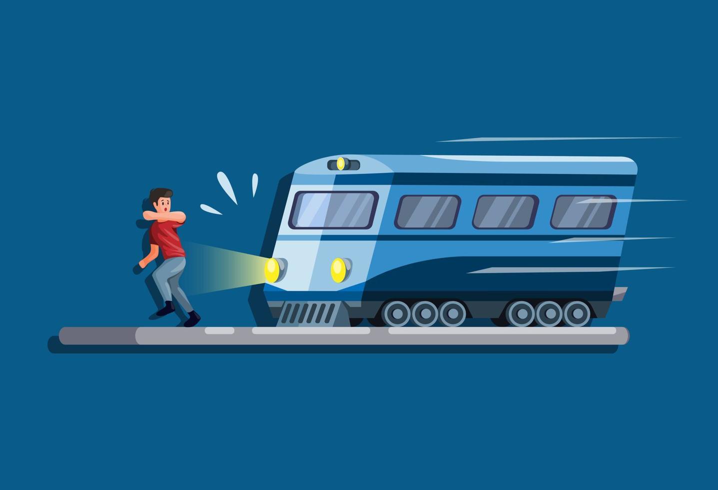 Hombre corriendo evitando ser atropellado por un concepto de escena de tren en vector de ilustración de dibujos animados