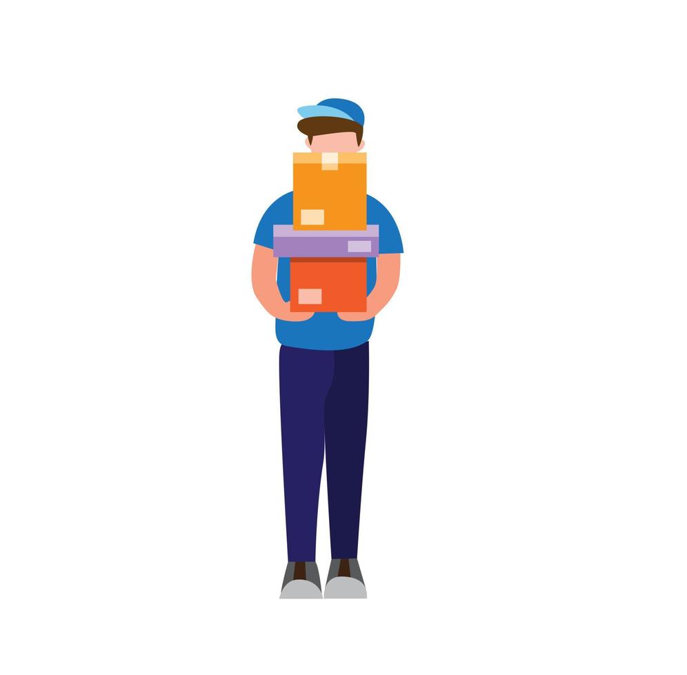 courier boy carry box, online shop delivery to customer in front view cartoon flat illustration vector isolated in white background