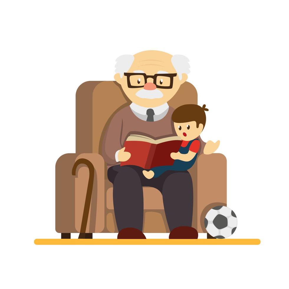 día de los abuelos, el abuelo se sienta en el sofá y lee un libro de cuentos a los nietos. en vector de ilustración plana de dibujos animados aislado en fondo blanco