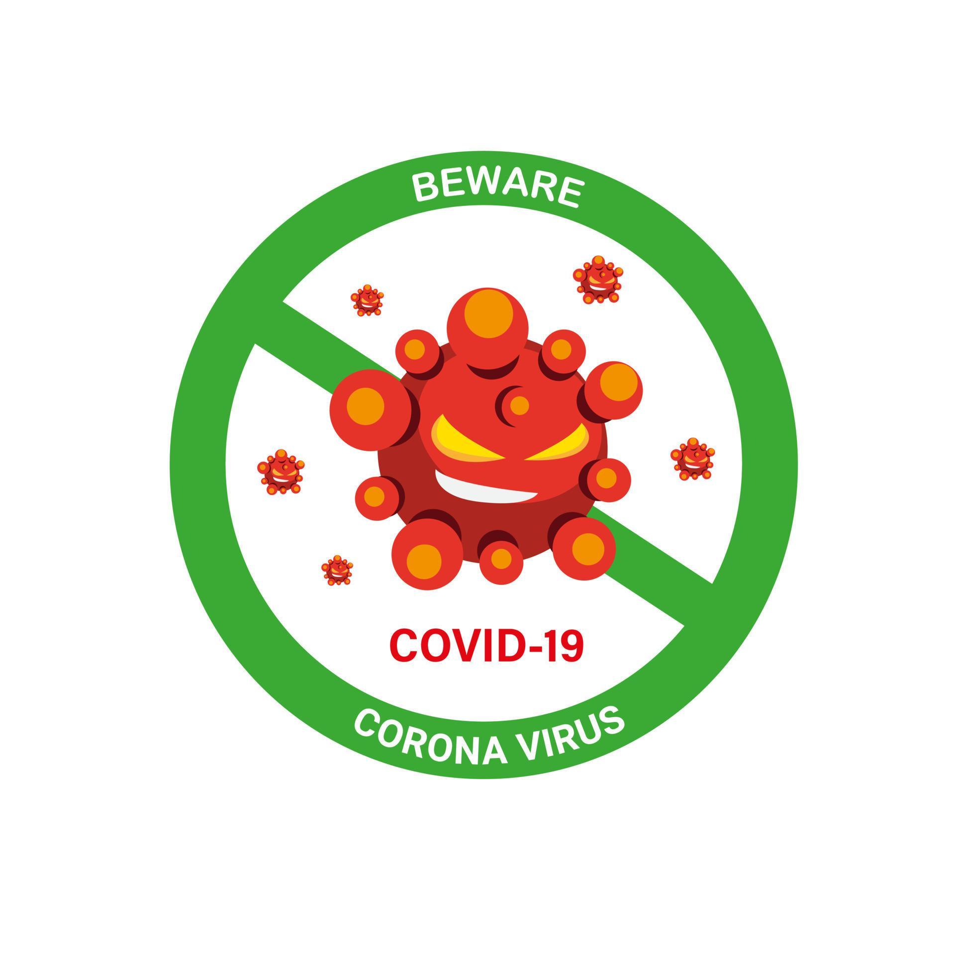 Beware COVID-19 Corona virus infection disease. warning symbol in cartoon flat illustration eps 10 editable vector isolated in white background