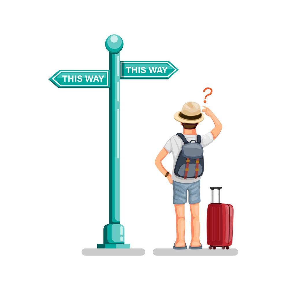 Backpacker guy standing front road sign board in street confusing choose way. tourist travel guide symbol set concept in cartoon illustration vector on white background