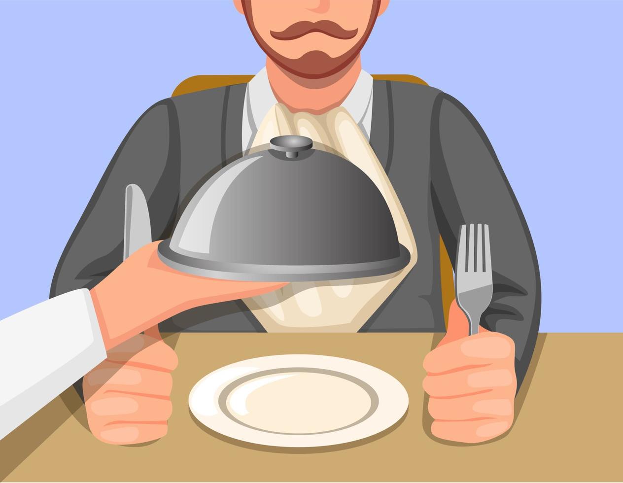 Mano de chef que sirve comida en bandeja al cliente en el concepto de escena de restaurante o cafetería en vector de ilustración de dibujos animados
