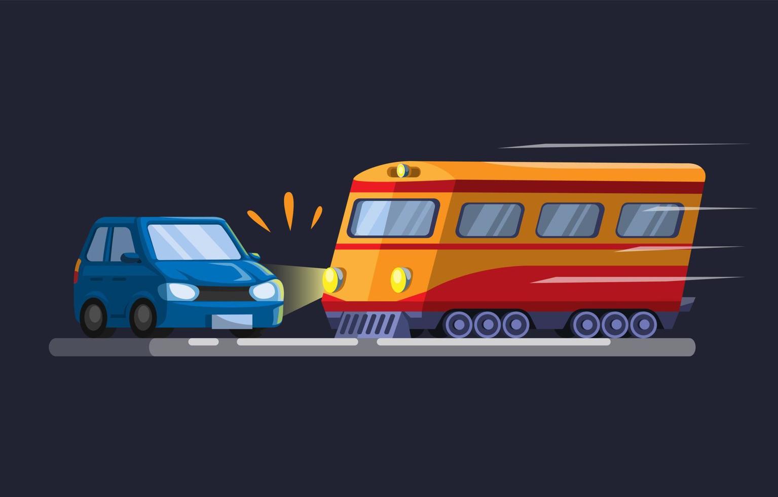 coche atropellado por tren. Concepto de ilustración de accidente de cruce de tren en vector de dibujos animados