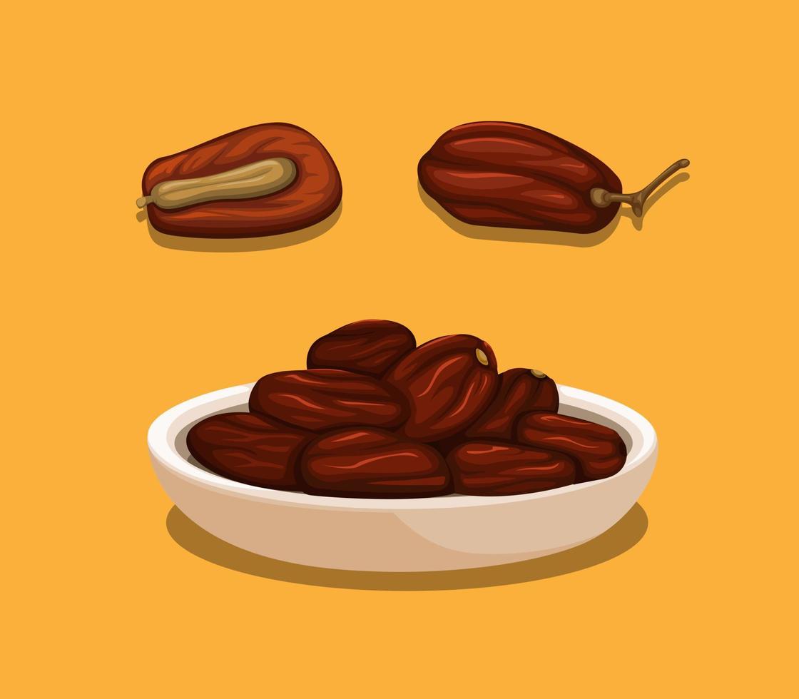 Kurma aka date palm fruit from arab asian. in bowl and piece with seed concept in cartoon illustration vector