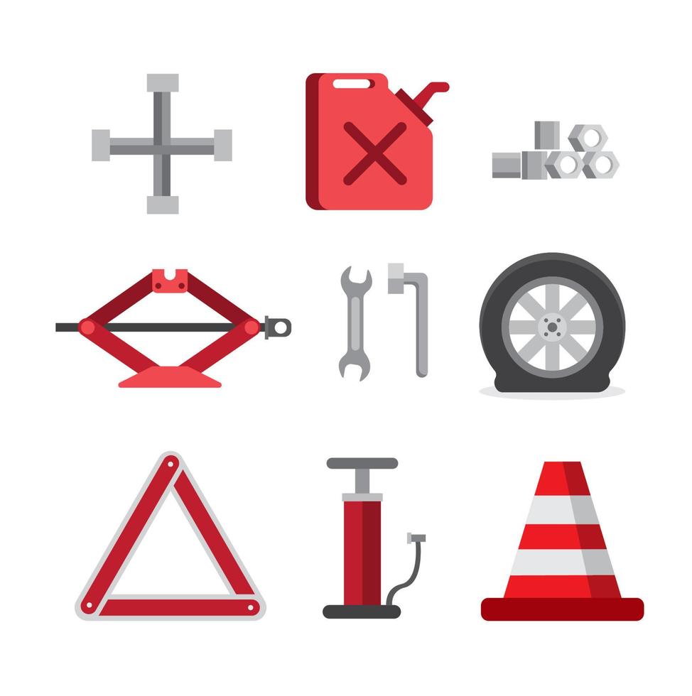 emergency car tool kit, repair flat icon set vector
