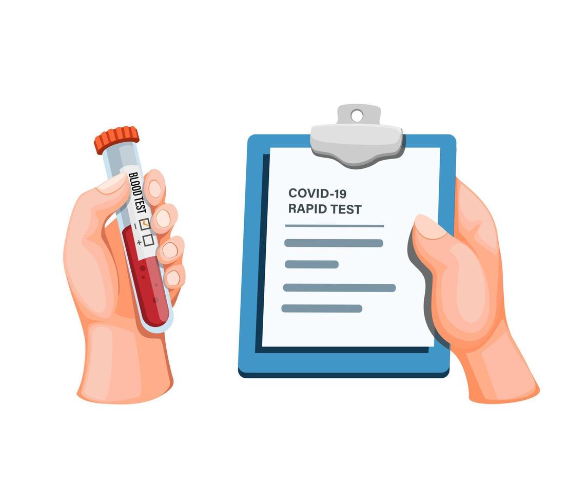 Rapid test result using blood sample checking infection from corona virus,hand holding blood test tube with paperboard concept in cartoon illustration vector on white background