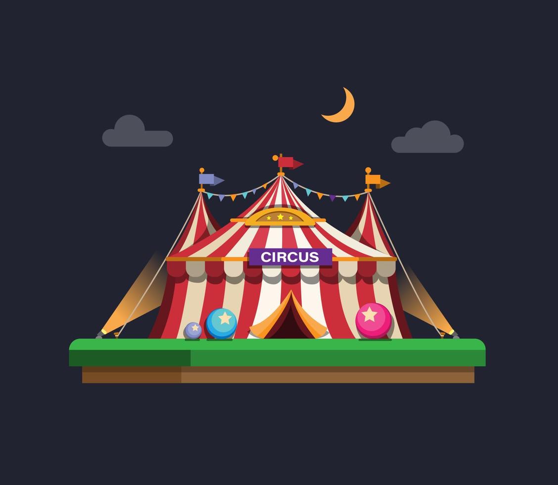 Carpa de circo de carnaval en concepto de escena nocturna en vector de ilustración plana de dibujos animados