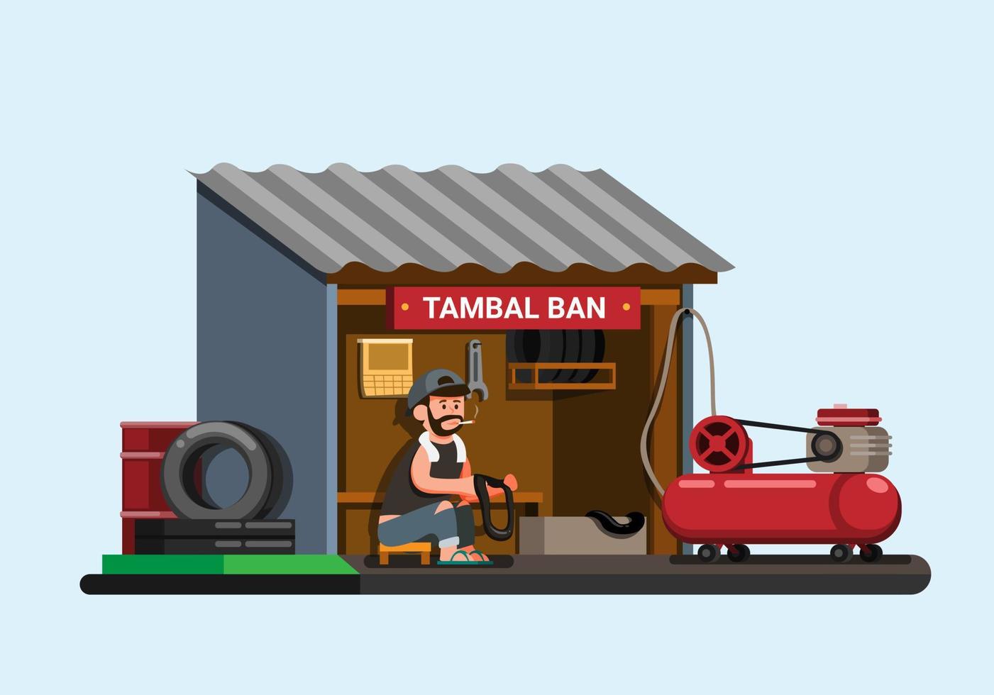 Indonesian tyre repair shop aka Tambal Ban concept in cartoon flat illustration vector