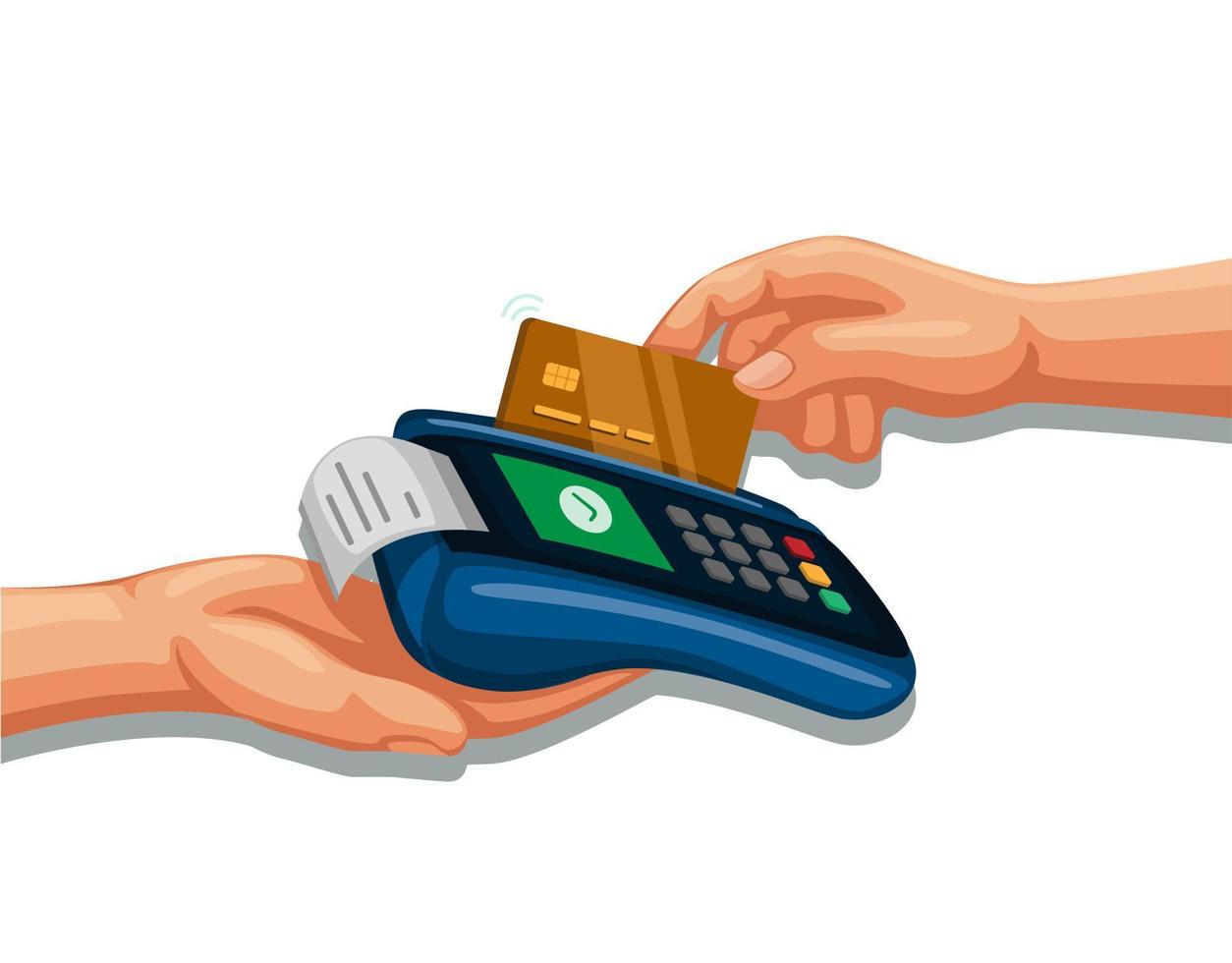 Hand swipe credit card on payment device, mobile banking and shopping symbol concept cartoon illustration vector