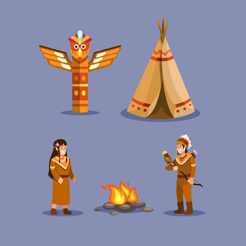 Native Indian american people ethnic symbol set in cartoon illustration vecto vector