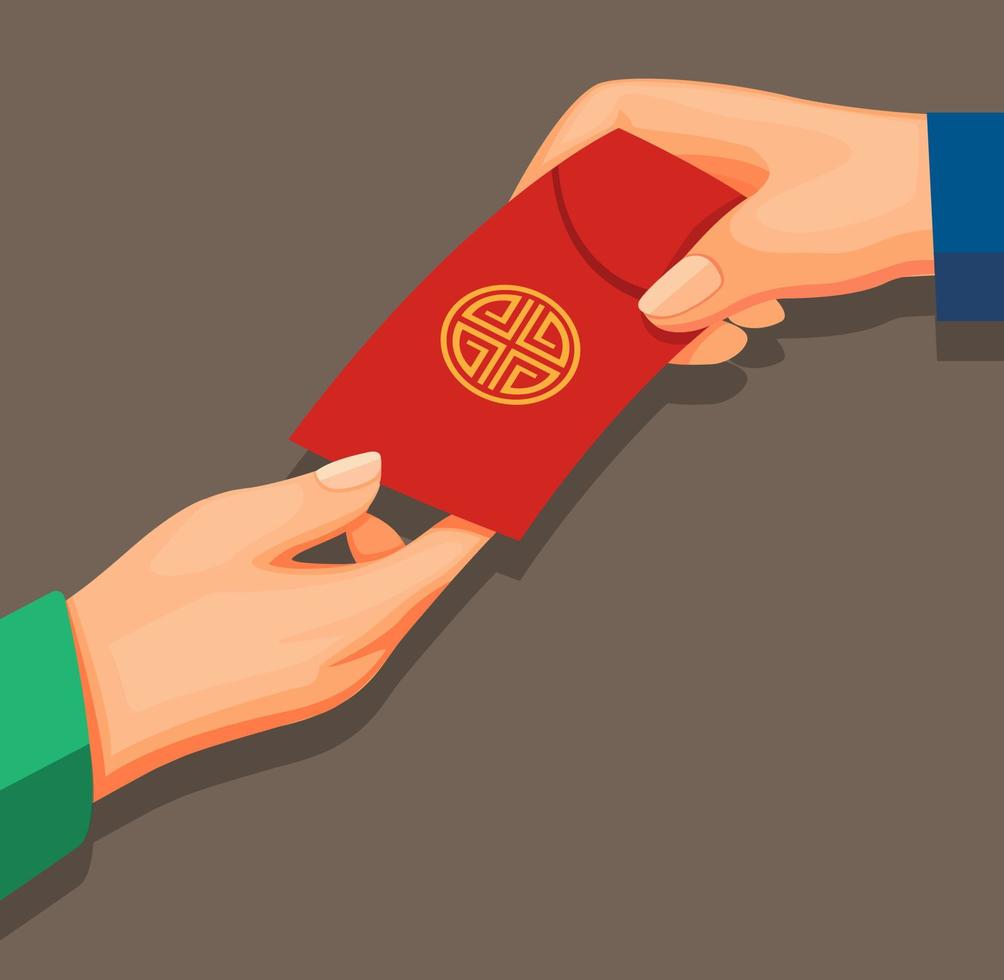 Hand giving money in envelope aka angpao concept in cartoon illustration vector