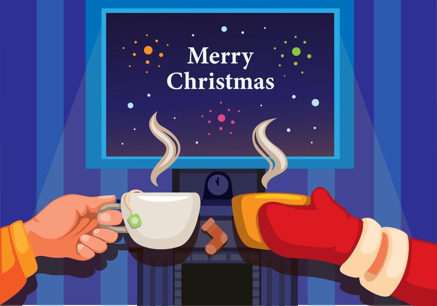 Merry Christmas greeting celebration with hand holding coffe and tea cartoon illustration vector