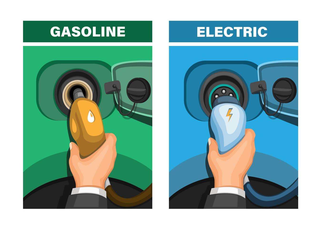 Car refuel gasoline and electric comparison concept in cartoon illustration vector