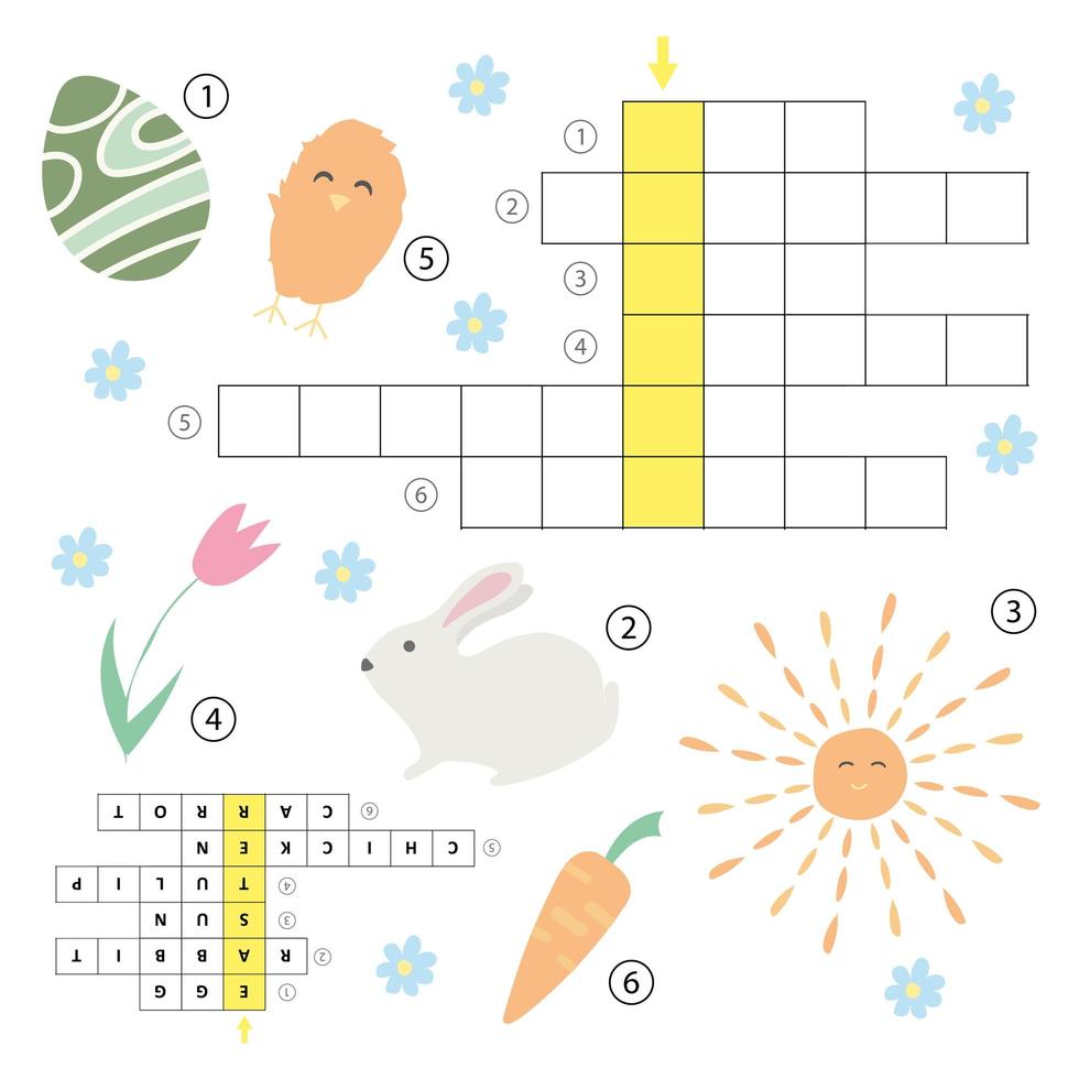 Crossword educational children game with answer. Learning Easter theme puzzle vector