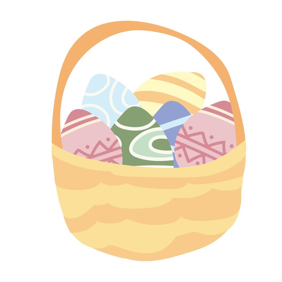 Ilustración de canasta aislada de huevos de Pascua en blanco vector